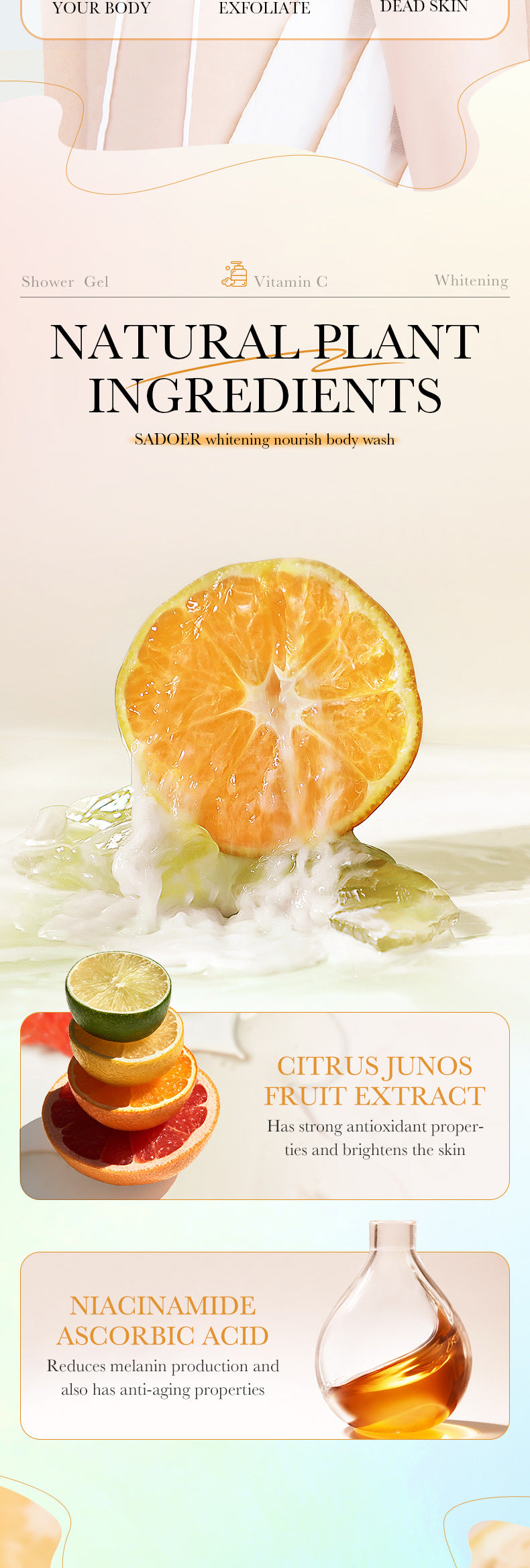 Sadoer Whitening Nourishing Shower Gel 520ml – Deep Cleansing & Skin Rejuvenation