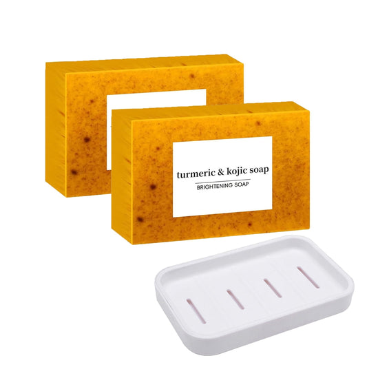 Lemon Turmeric Kojic Acid Soap Tablets with Soap Box for Dark Spots and Acne, Deep Cleansing Facial and Body Shower Soap