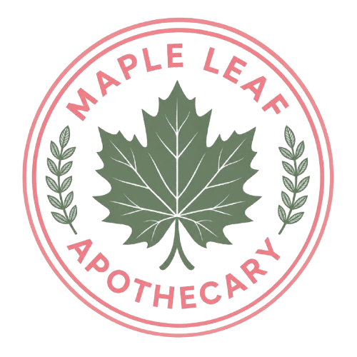 A circular logo featuring a green maple leaf in the center, flanked by two small green leafy sprigs, with the words "MAPLE LEAF" at the top and "APOTHECARY" at the bottom in pink text, all on a white background.