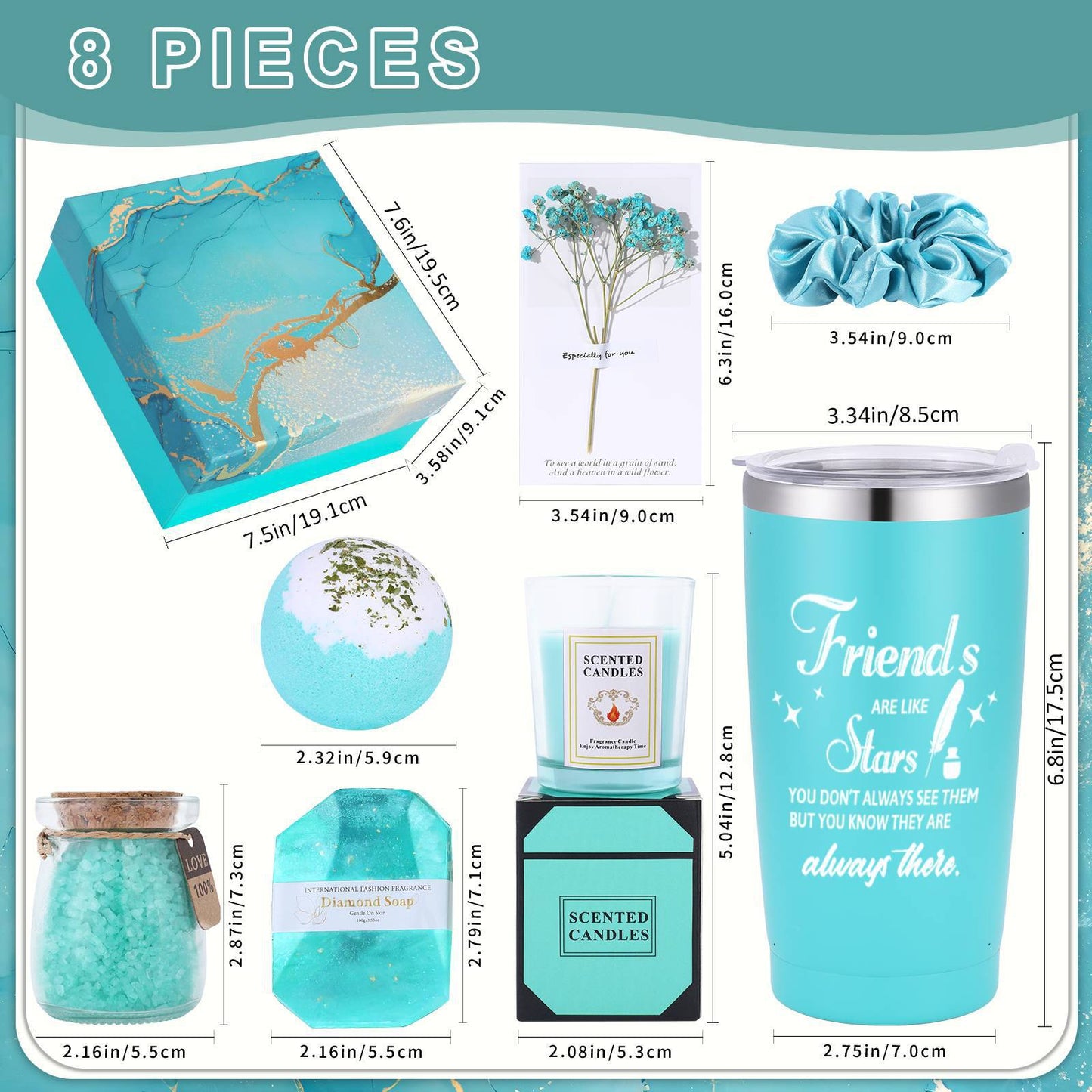 FORIEVIC Spa Gift Baskets – 8‑Piece Spa Gift Set with Tumbler, Bath Treats, Candle & Card (Pink, Purple & Green)