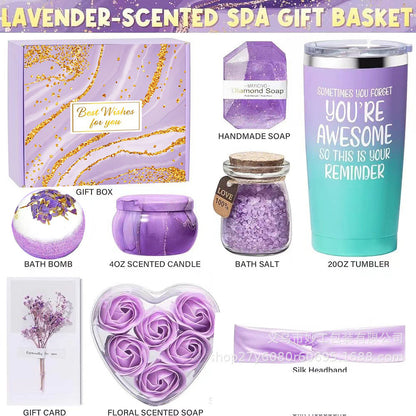 Lavender Spa Gift Box – 10‑Piece Tumbler, Candle & Bath Self‑Care Set for Women
