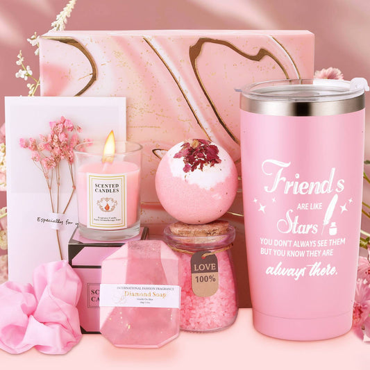 FORIEVIC Spa Gift Baskets – 8‑Piece Spa Gift Set with Tumbler, Bath Treats, Candle & Card (Pink, Purple & Green)