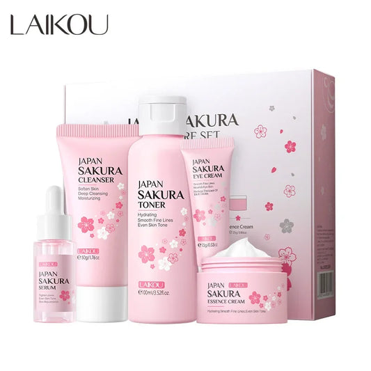 LAIKOU Sakura Skin Care Set: 5-Piece Moisturizing and Pore-Cleansing Collection for Fine Line Reduction - Ideal Korean Christmas Gift