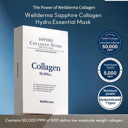 WELLDERMA Sapphire Collagen Hydro Essential Mask, 10 Sheets – Moisturizing & Soothing Sheet Mask with Collagen & Ceramide, 1.01 Fl.Oz (30Ml) X 10Ea
