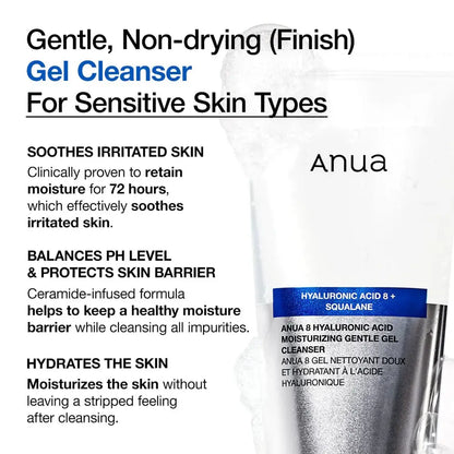 Anua 8 Hyaluronic Acid Moisturizing Gentle Gel Cleanser – Hydrating Low-pH Cleanser