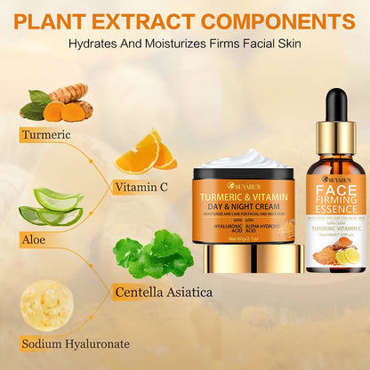 SUYARUN Vitamin C Brightening Cream + Turmeric Firming Serum Duo, Anti-Aging Skincare Set for Youthful Glow & Radiance.