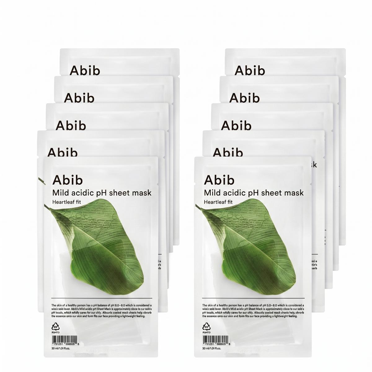 Box of Abib Mild Acidic pH Sheet Mask Heartleaf Fit, showing 10 individually packaged sheet masks