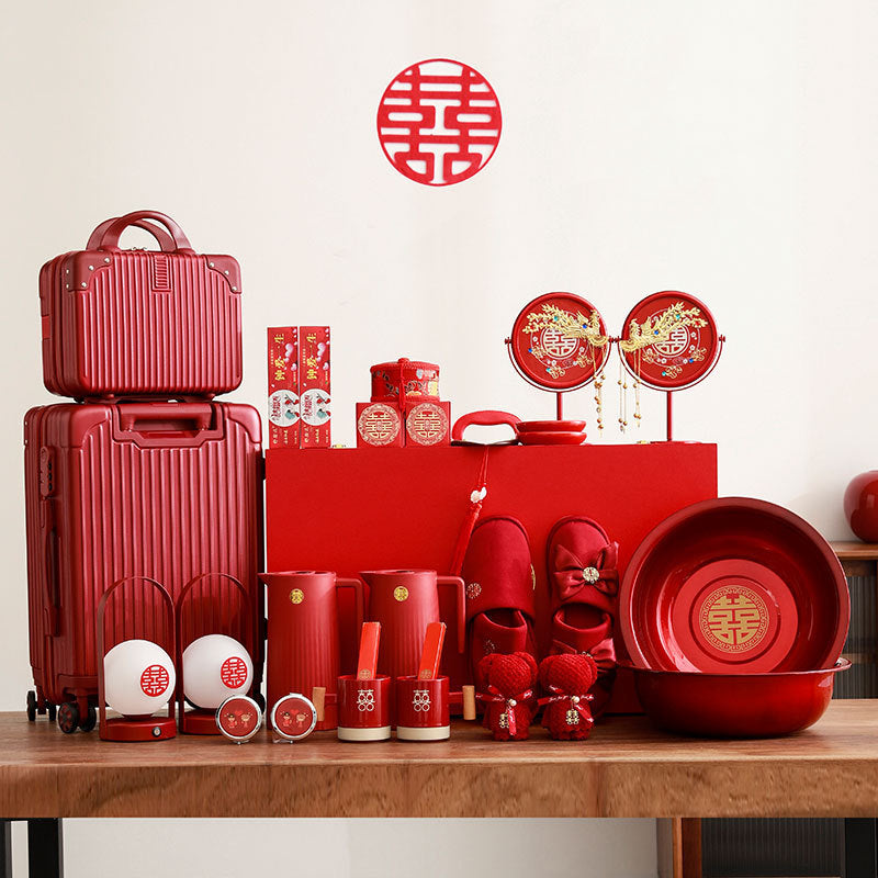 Ceramic Wedding Gift Set – Traditional Chinese Bridal Dowry Trunk with Tea Set & Accessories