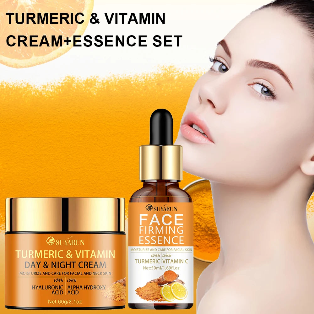 SUYARUN Vitamin C Brightening Cream + Turmeric Firming Serum Duo, Anti-Aging Skincare Set for Youthful Glow & Radiance.
