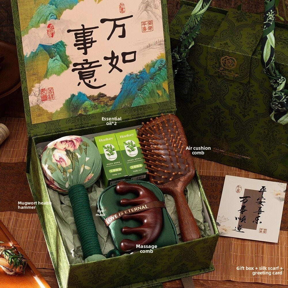 Cultural Creative Gift Box Set – Chinese-Inspired Wellness & Beauty Gift Box with Wooden Comb & Massage Tools