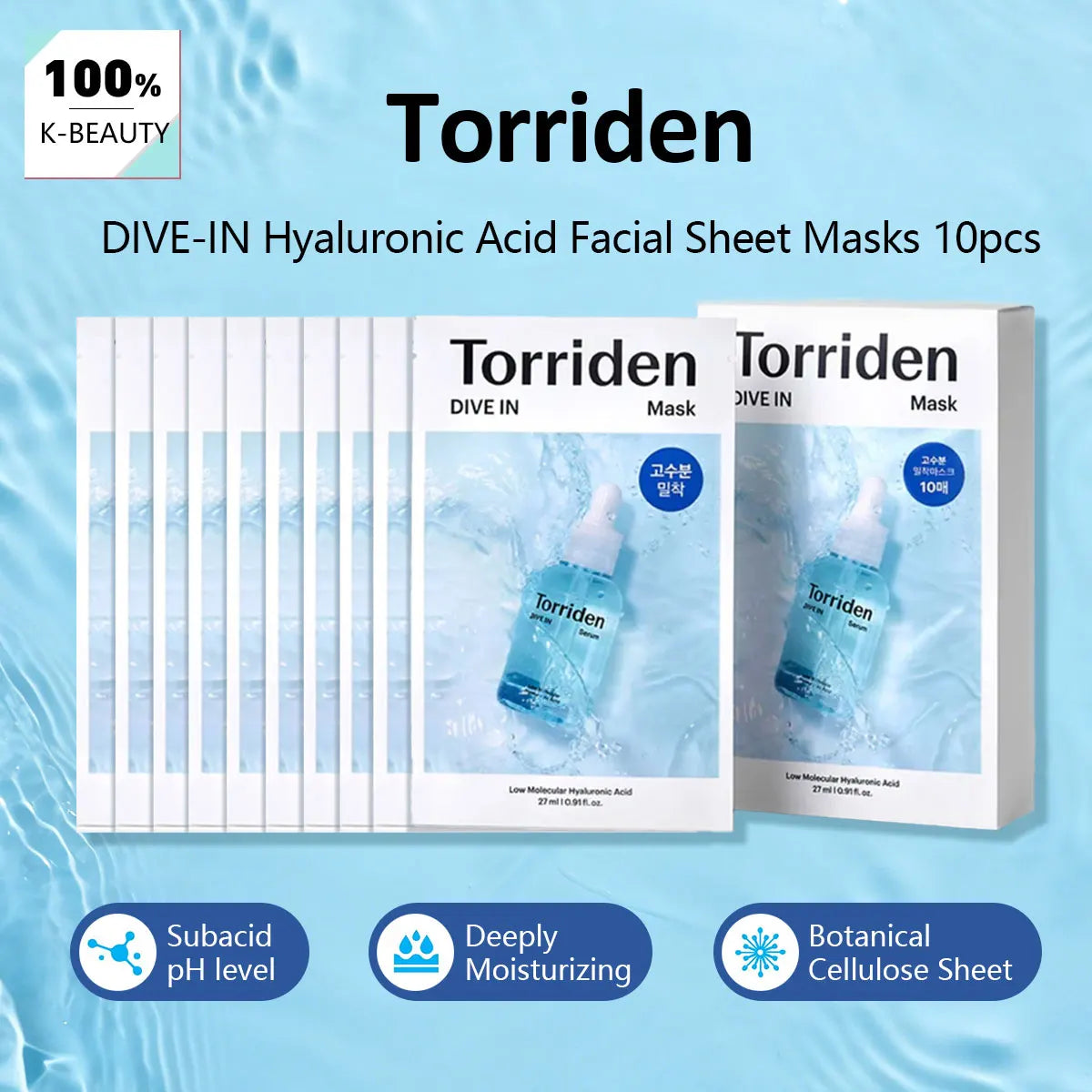 Torriden DIVE-IN Hyaluronic Acid Facial Sheet Masks 10pcs,Thin & Skin-Conforming,Deeply Moisturizing,K-Beauty,Korean Makeup