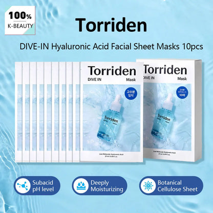 Torriden DIVE-IN Hyaluronic Acid Facial Sheet Masks 10pcs,Thin & Skin-Conforming,Deeply Moisturizing,K-Beauty,Korean Makeup