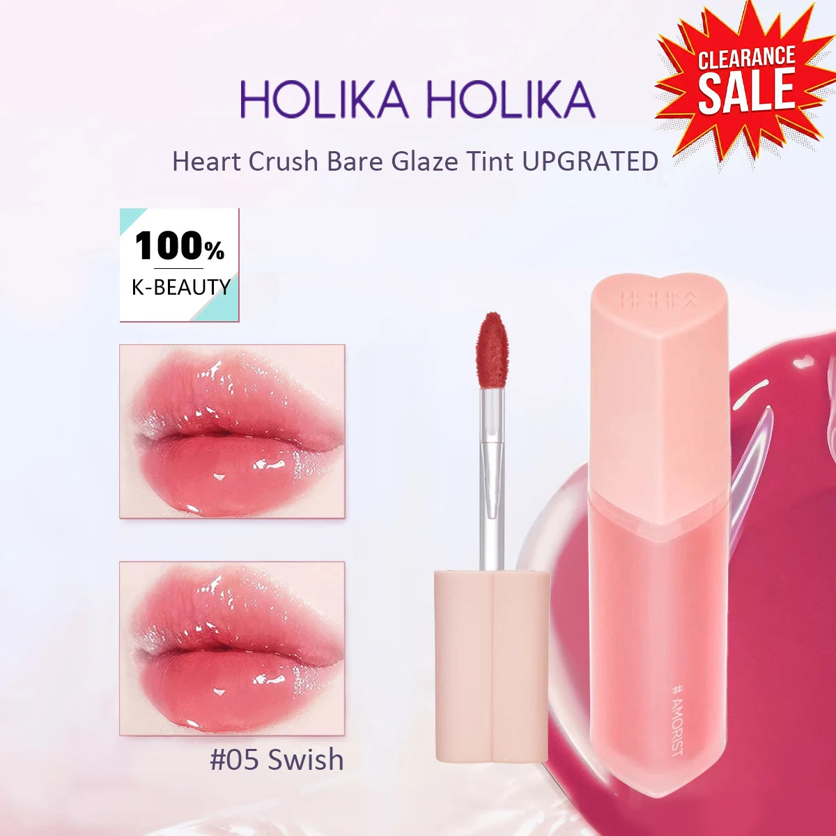 [ClearanceSale] Holika Holika Heart Crush Bare Glaze Tint 05 Swish,Hydrating&Non-Sticky,Glass Lip Effect,K-Beauty,Korean Makeup