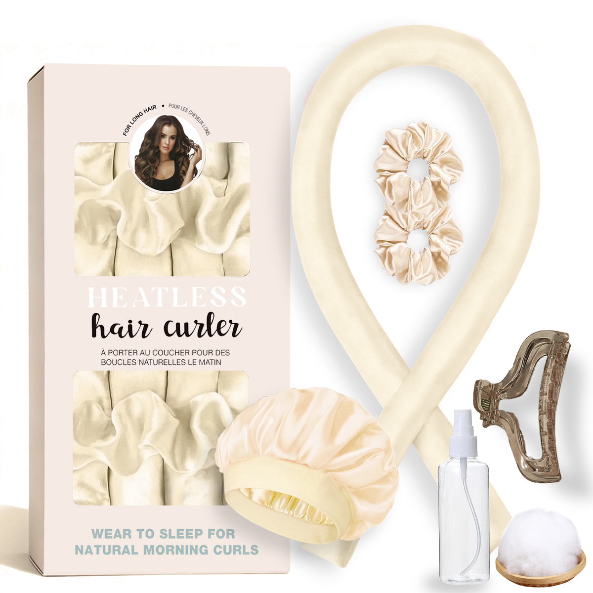 Set of hair care products including a hair curler, packaging, and accessories on a white background