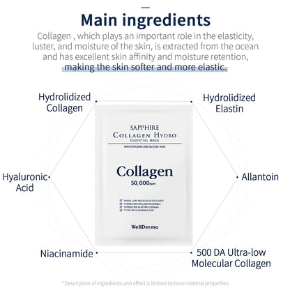 WELLDERMA Sapphire Collagen Hydro Essential Mask, 10 Sheets – Moisturizing & Soothing Sheet Mask with Collagen & Ceramide, 1.01 Fl.Oz (30Ml) X 10Ea