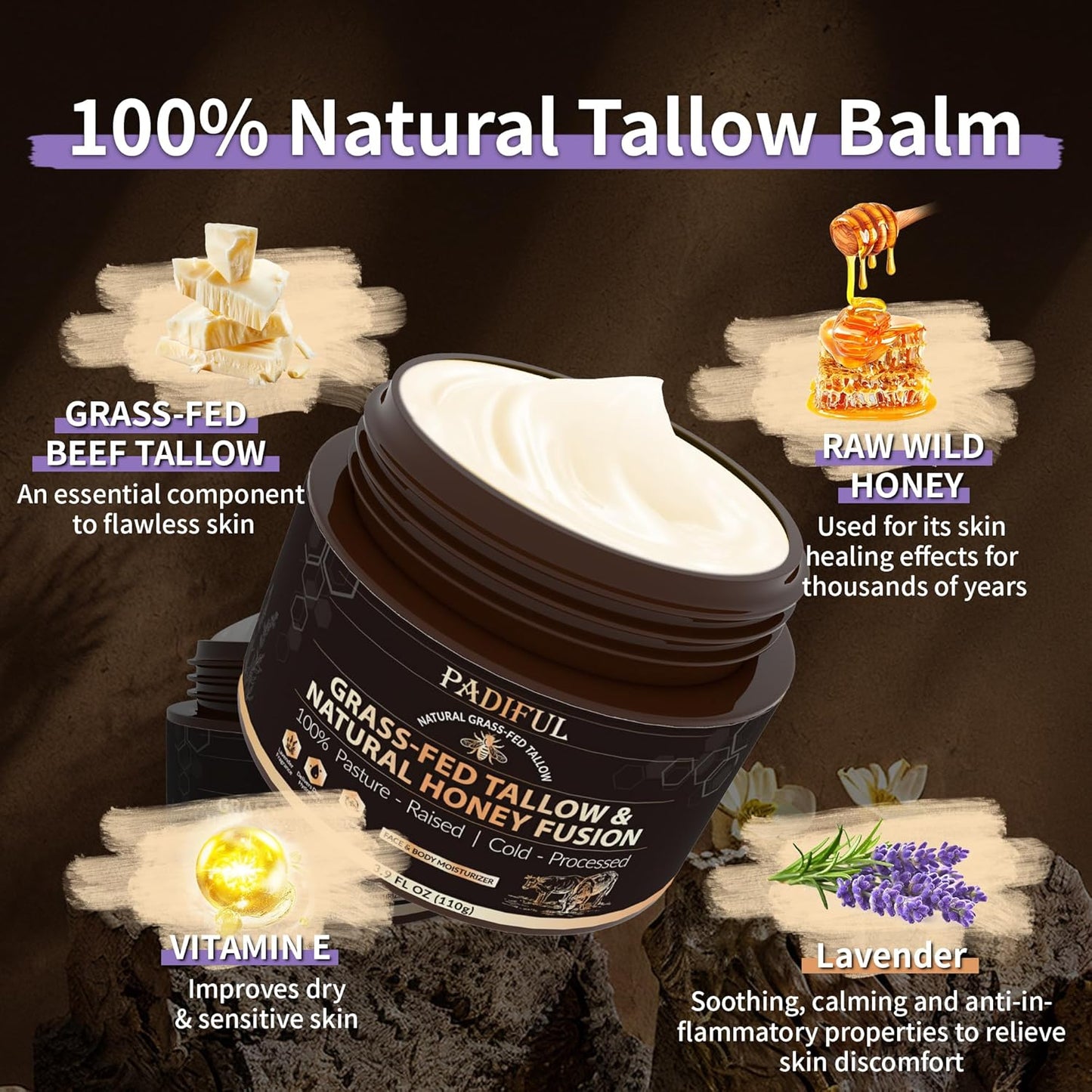 Beef Tallow for Skin - Homemade Beef Tallow and Honey Balm Moisturizer - Natural Grass - Fed Beef Tallow Skincare with Raw Honey Moisturizing Cream for Face Body Lotion Skin Care (3.9 OZ, Lavender)