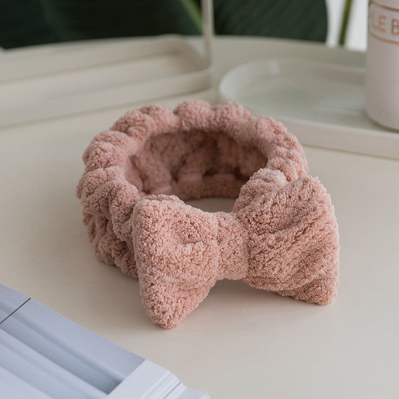 Korean Style Coral Fleece Bow Headband for Women – Plaid Elastic Hair Band for Face Washing, Makeup, Skincare and Sports