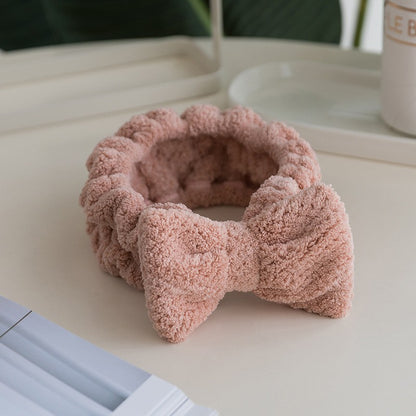 Korean Style Coral Fleece Bow Headband for Women – Plaid Elastic Hair Band for Face Washing, Makeup, Skincare and Sports